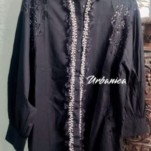 Product Title: Elegant Black Plus-Size Baggy Shirt with Lace & Pearl Detailing – Full Sleeves, Button-Down (Size 38-56)